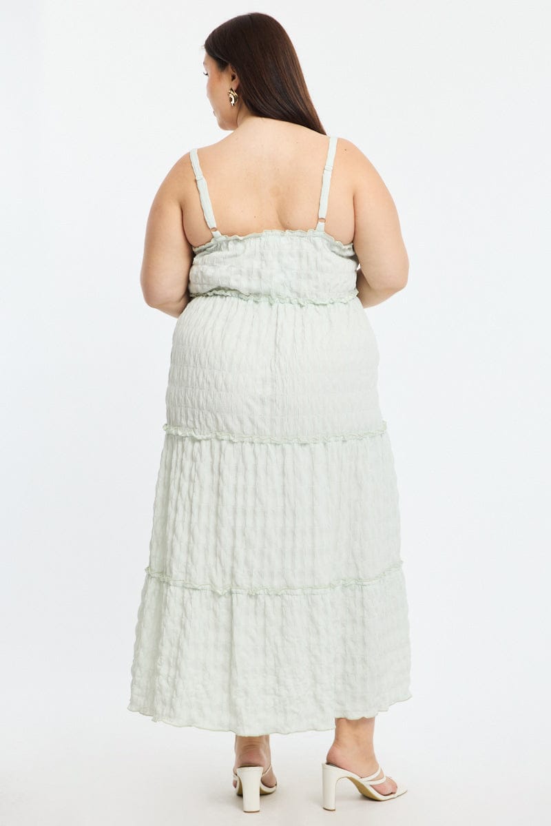 Green Textured Maxi Dress Sleeveless Tiered for YouandAll Fashion