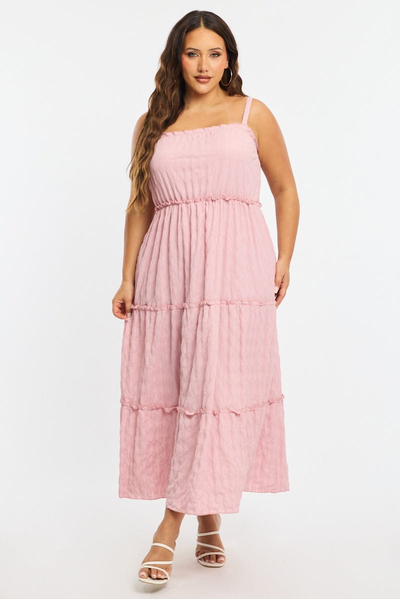 Pink Textured Maxi Dress Sleeveless Tiered for YouandAll Fashion