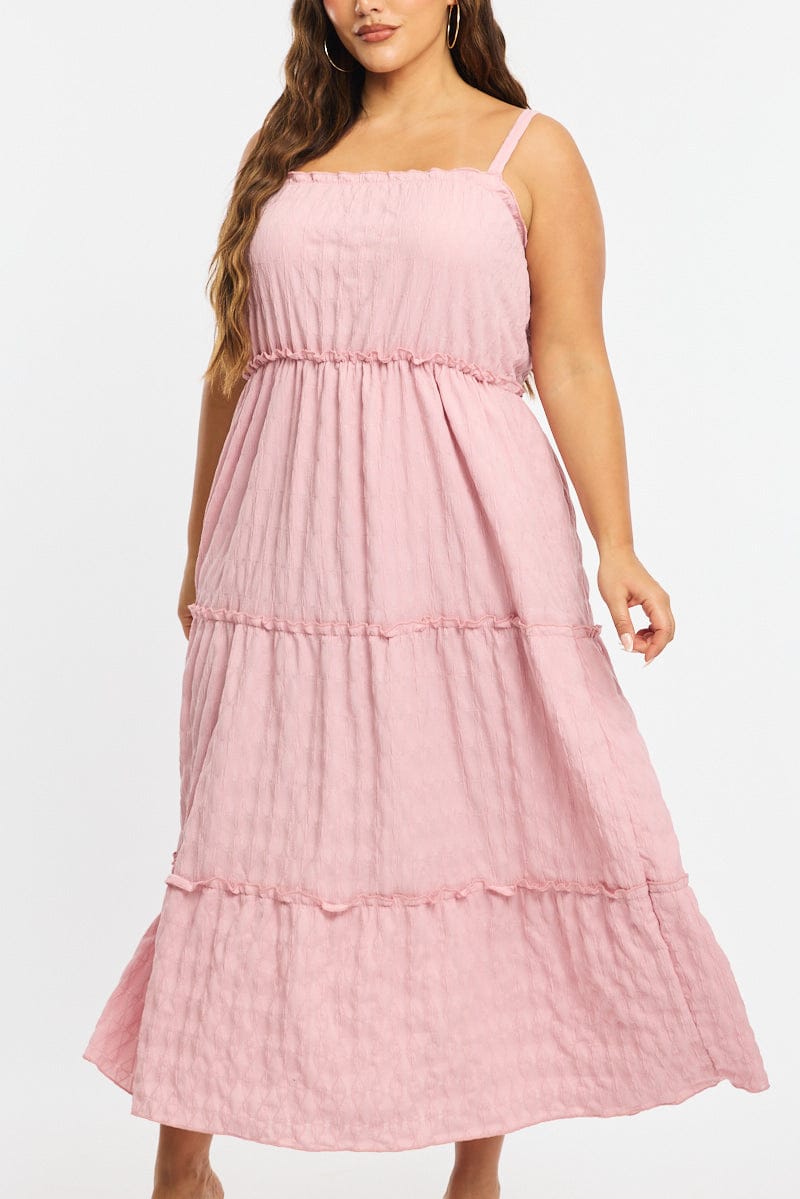 Pink Textured Maxi Dress Sleeveless Tiered for YouandAll Fashion