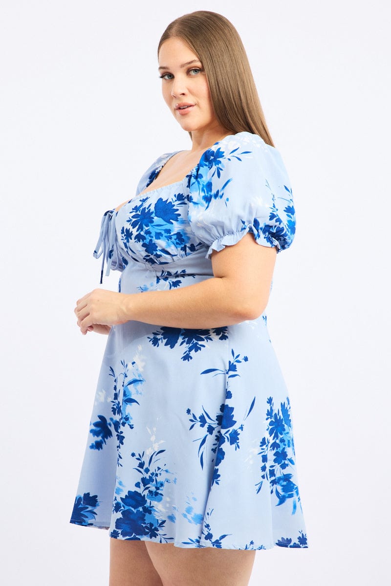 Blue Floral Shirred Back Scoop Tie Neck Minidress for YouandAll Fashion