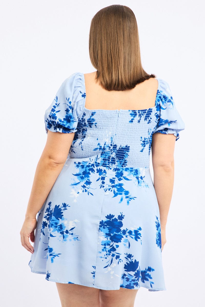 Blue Floral Shirred Back Scoop Tie Neck Minidress for YouandAll Fashion