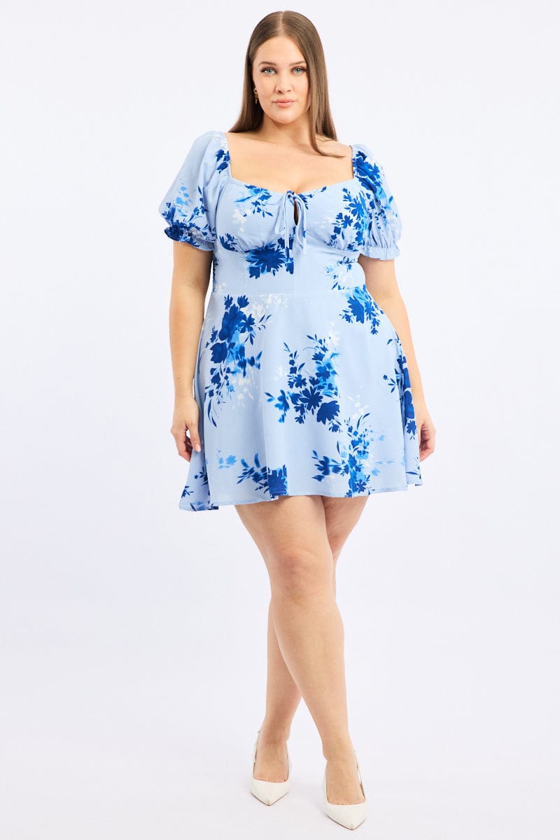 Blue Floral Shirred Back Scoop Tie Neck Minidress for YouandAll Fashion