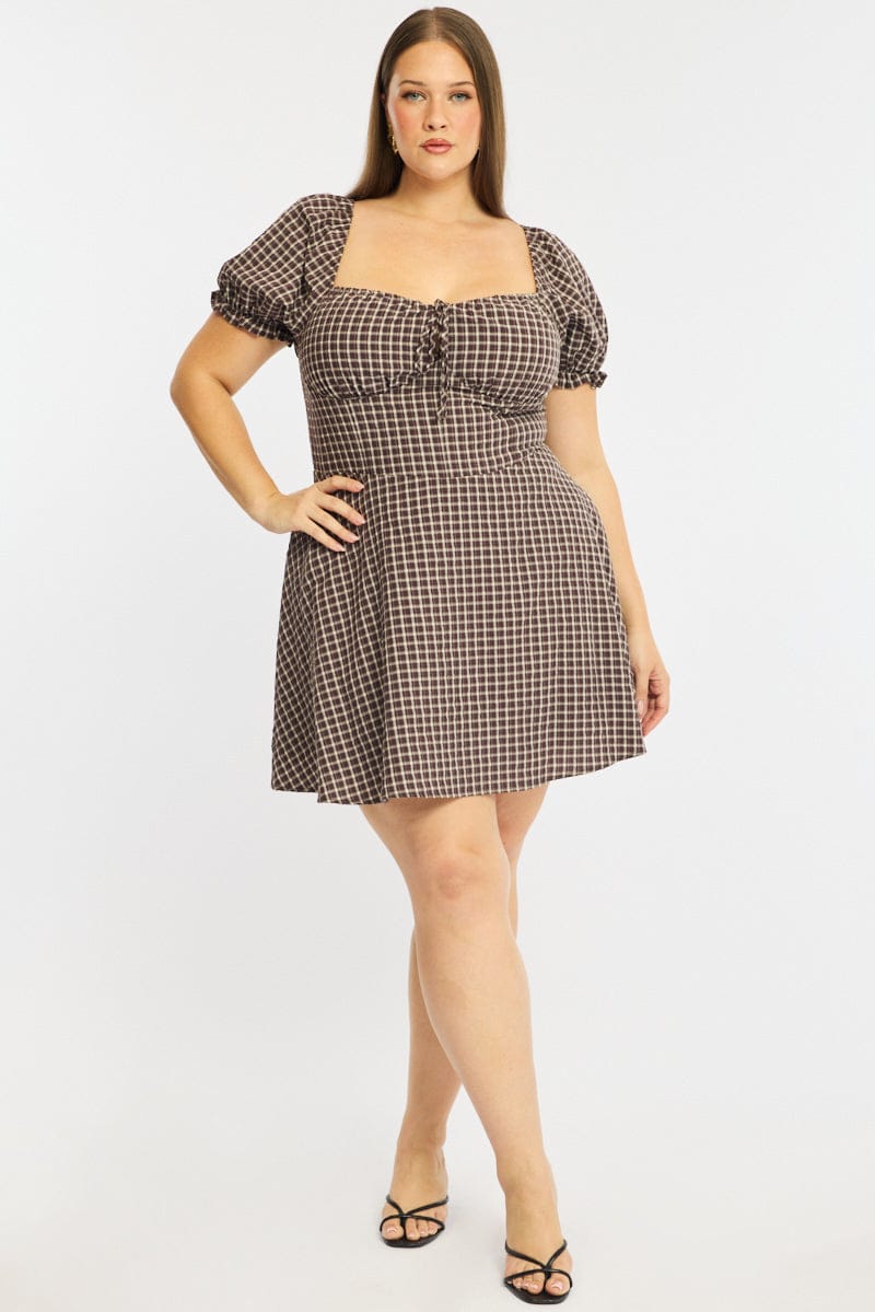 Brown Check Skater Dress Short Sleeve Plaid for YouandAll Fashion
