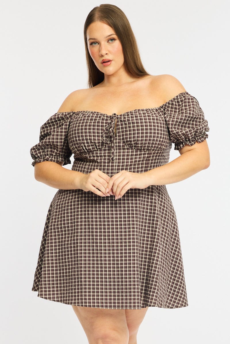 Brown Check Skater Dress Short Sleeve Plaid for YouandAll Fashion