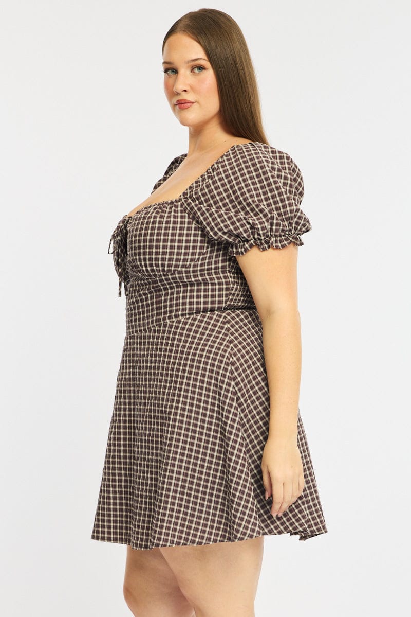 Brown Check Skater Dress Short Sleeve Plaid for YouandAll Fashion