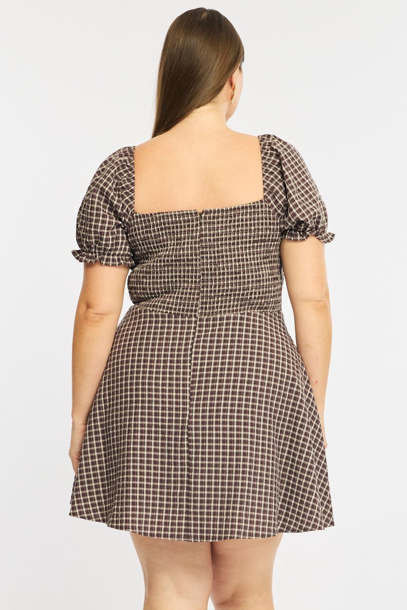Brown Check Skater Dress Short Sleeve Plaid for YouandAll Fashion