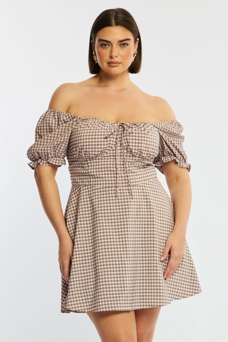 Beige Check Skater Dress Short Sleeve Ruched Bust for YouandAll Fashion