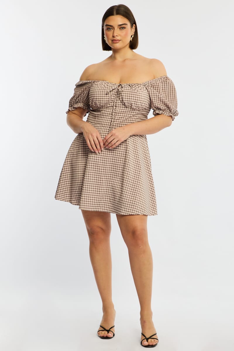 Beige Check Skater Dress Short Sleeve Ruched Bust for YouandAll Fashion