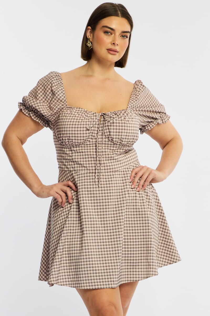 Beige Check Skater Dress Short Sleeve Ruched Bust for YouandAll Fashion