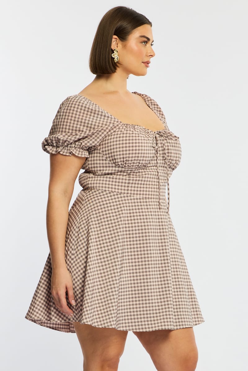 Beige Check Skater Dress Short Sleeve Ruched Bust for YouandAll Fashion