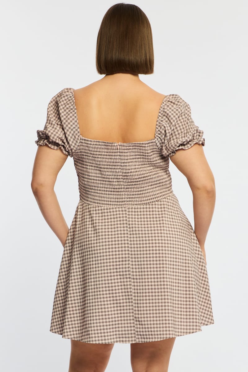 Beige Check Skater Dress Short Sleeve Ruched Bust for YouandAll Fashion