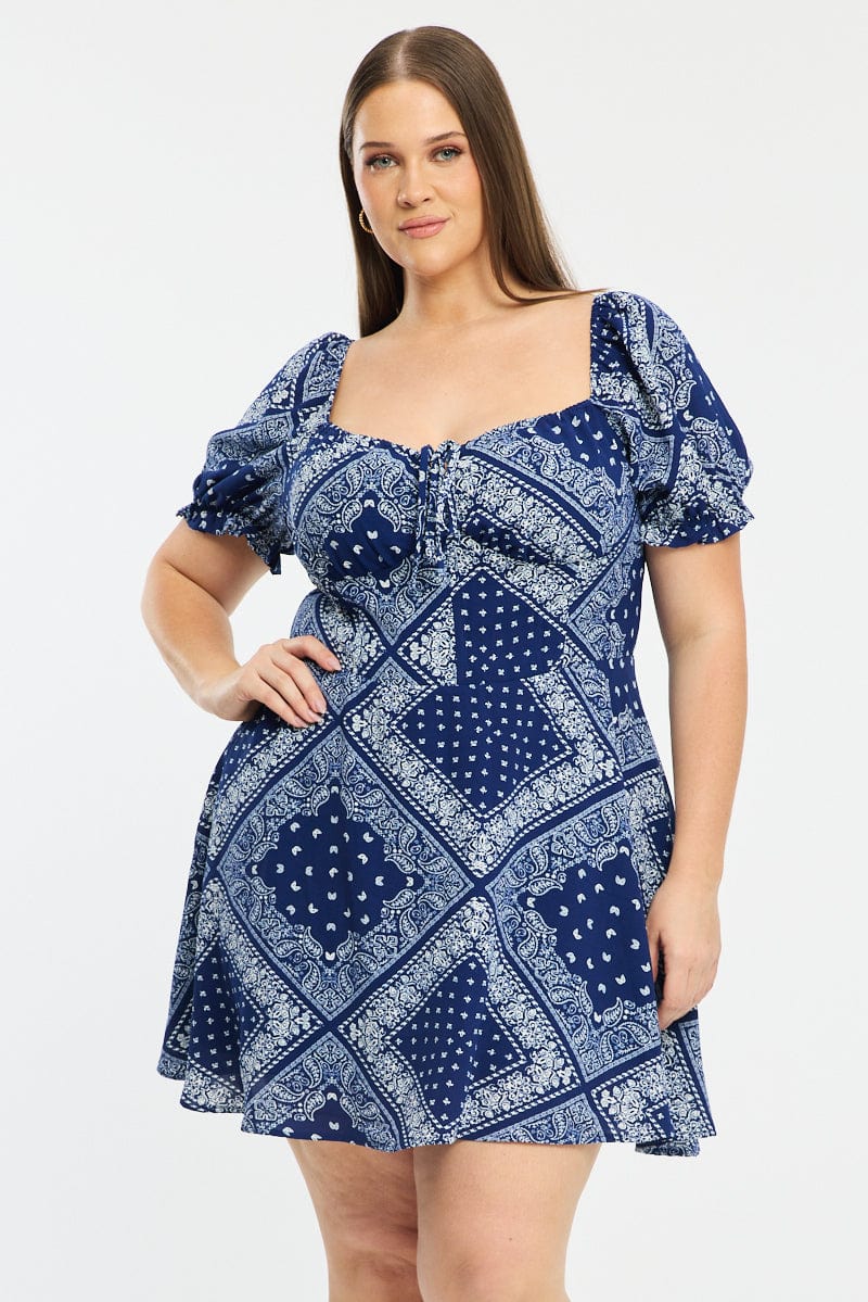 Blue Paisley Skater Dress Short Sleeve Ruched Bust for YouandAll Fashion