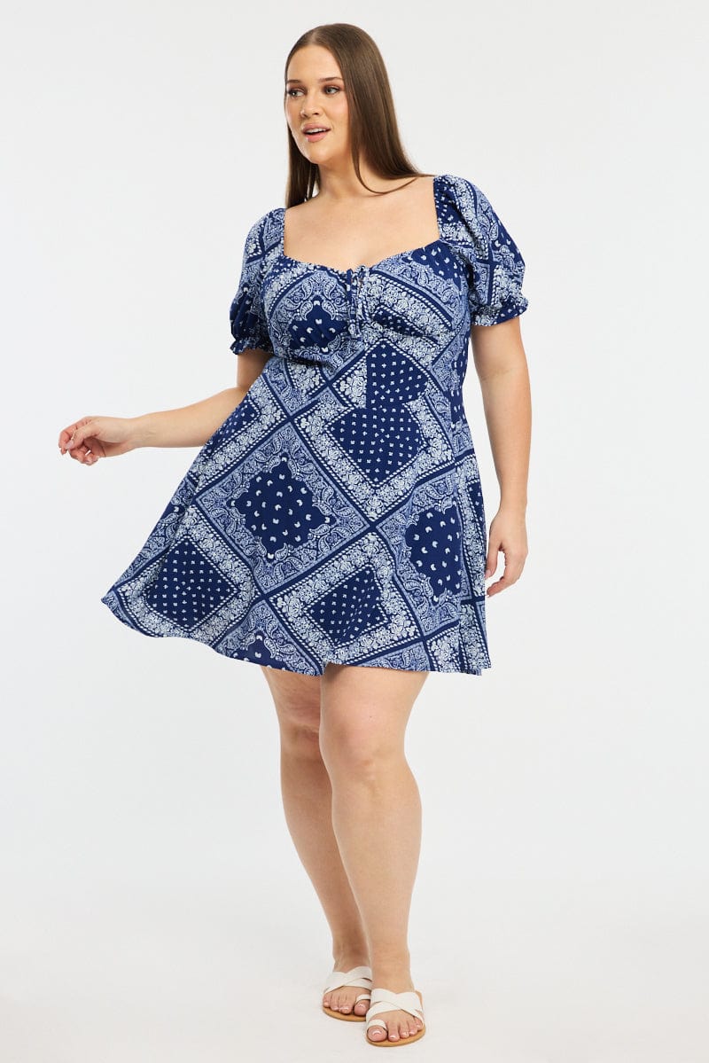 Blue Paisley Skater Dress Short Sleeve Ruched Bust for YouandAll Fashion