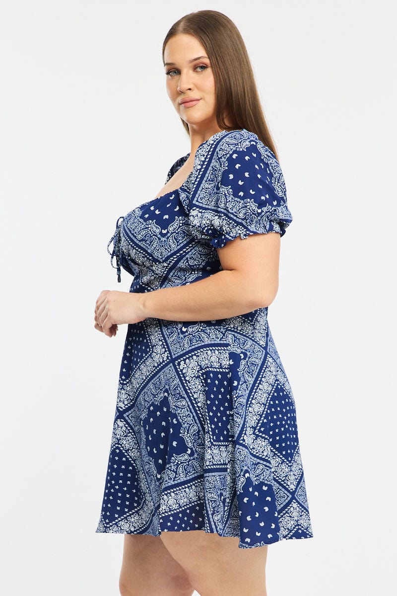 Blue Paisley Skater Dress Short Sleeve Ruched Bust for YouandAll Fashion