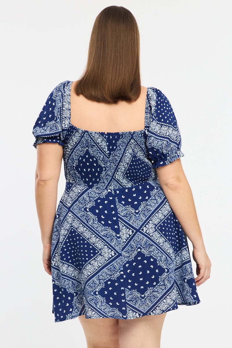 Blue Paisley Skater Dress Short Sleeve Ruched Bust for YouandAll Fashion