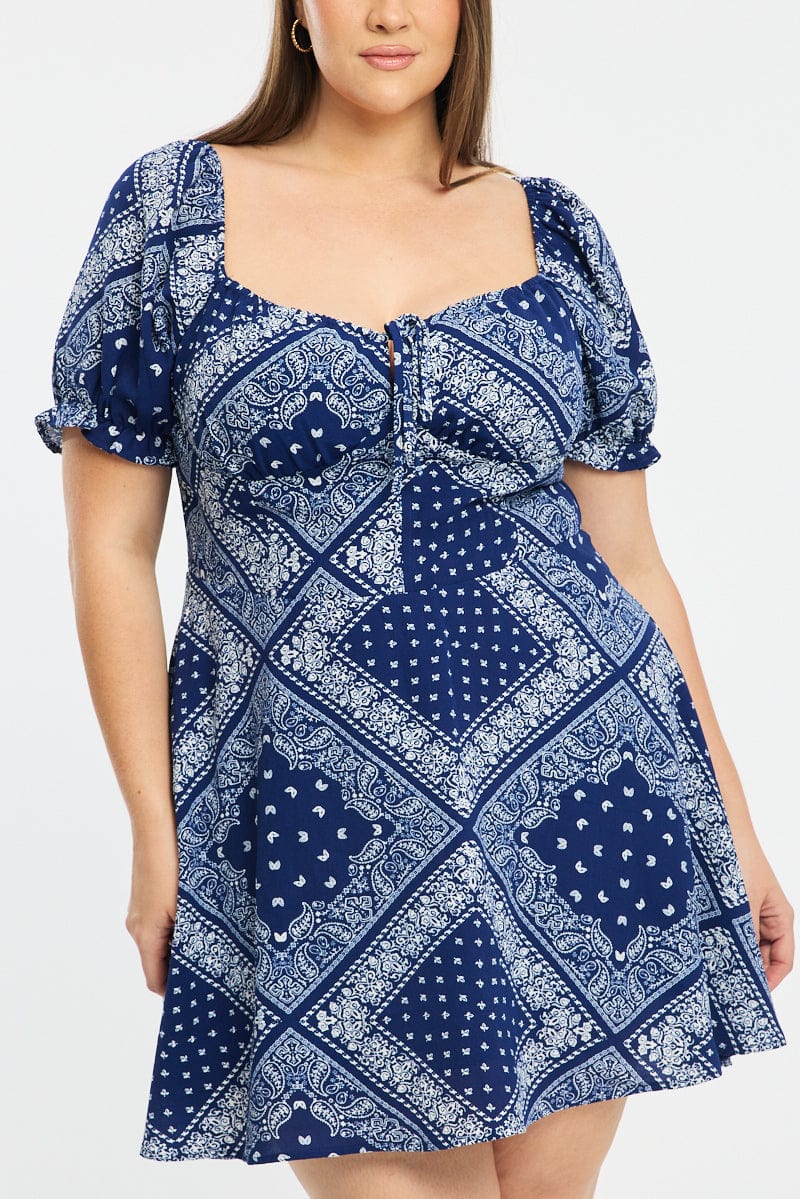 Blue Paisley Skater Dress Short Sleeve Ruched Bust for YouandAll Fashion