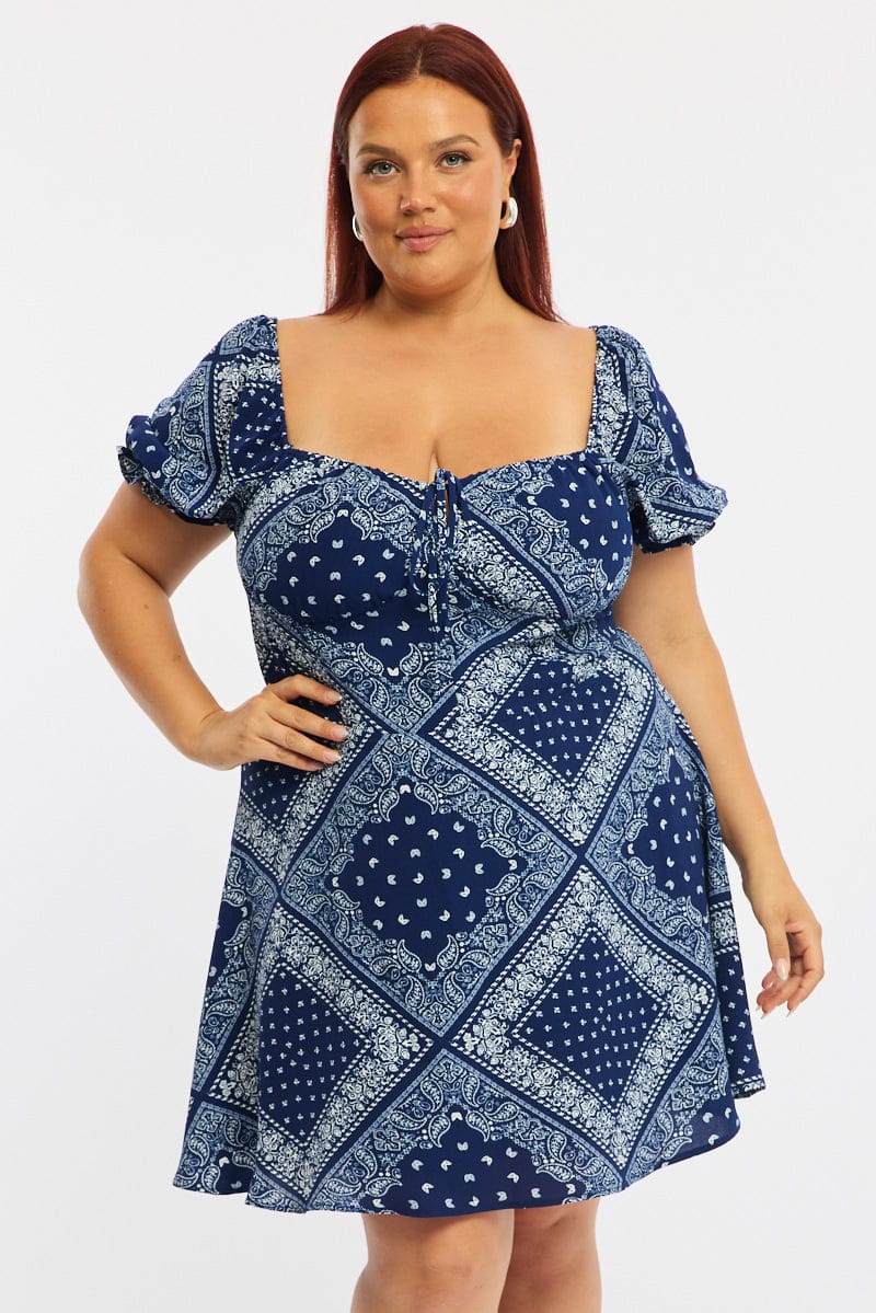 Blue Paisley Skater Dress Short Sleeve Ruched Bust for YouandAll Fashion