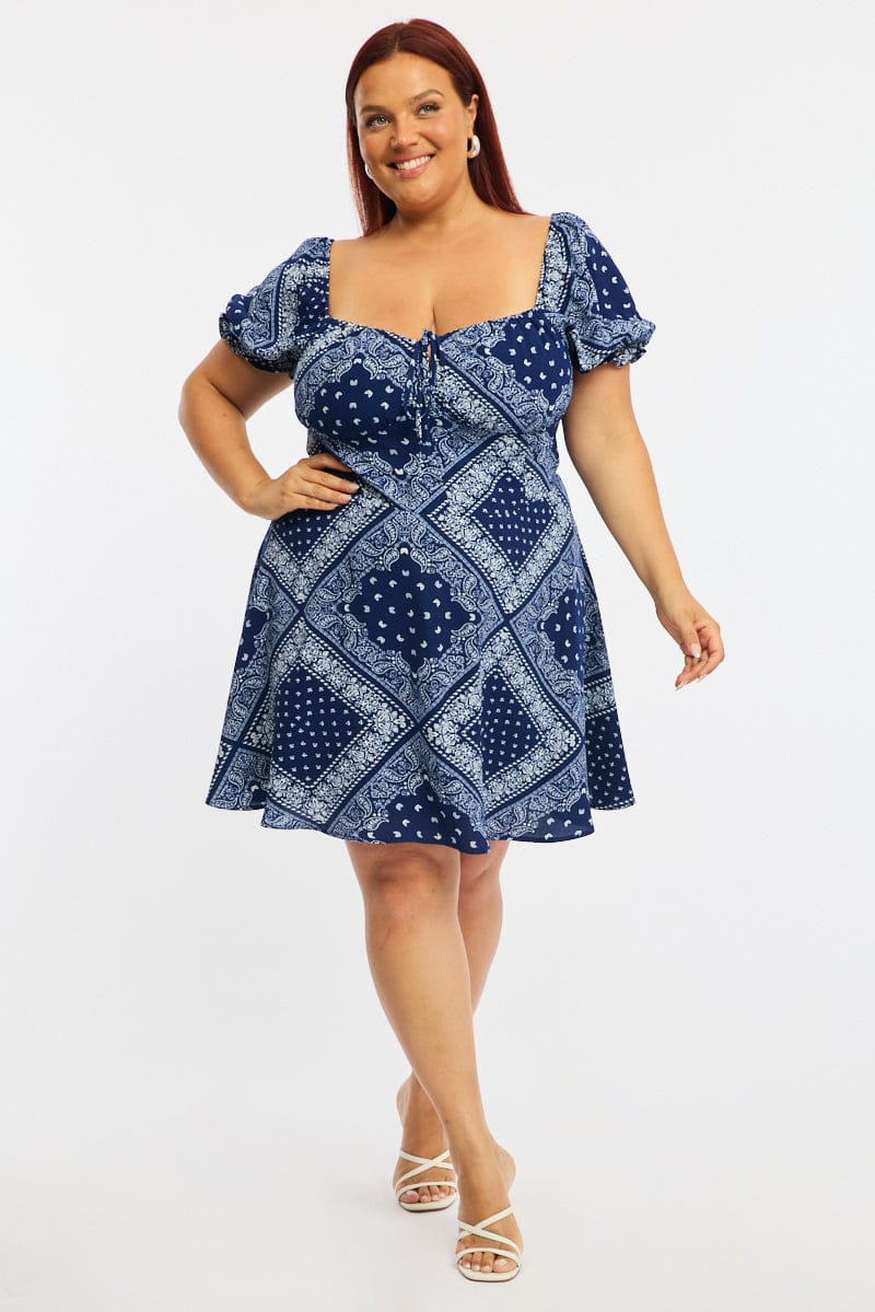 Blue Paisley Skater Dress Short Sleeve Ruched Bust for YouandAll Fashion