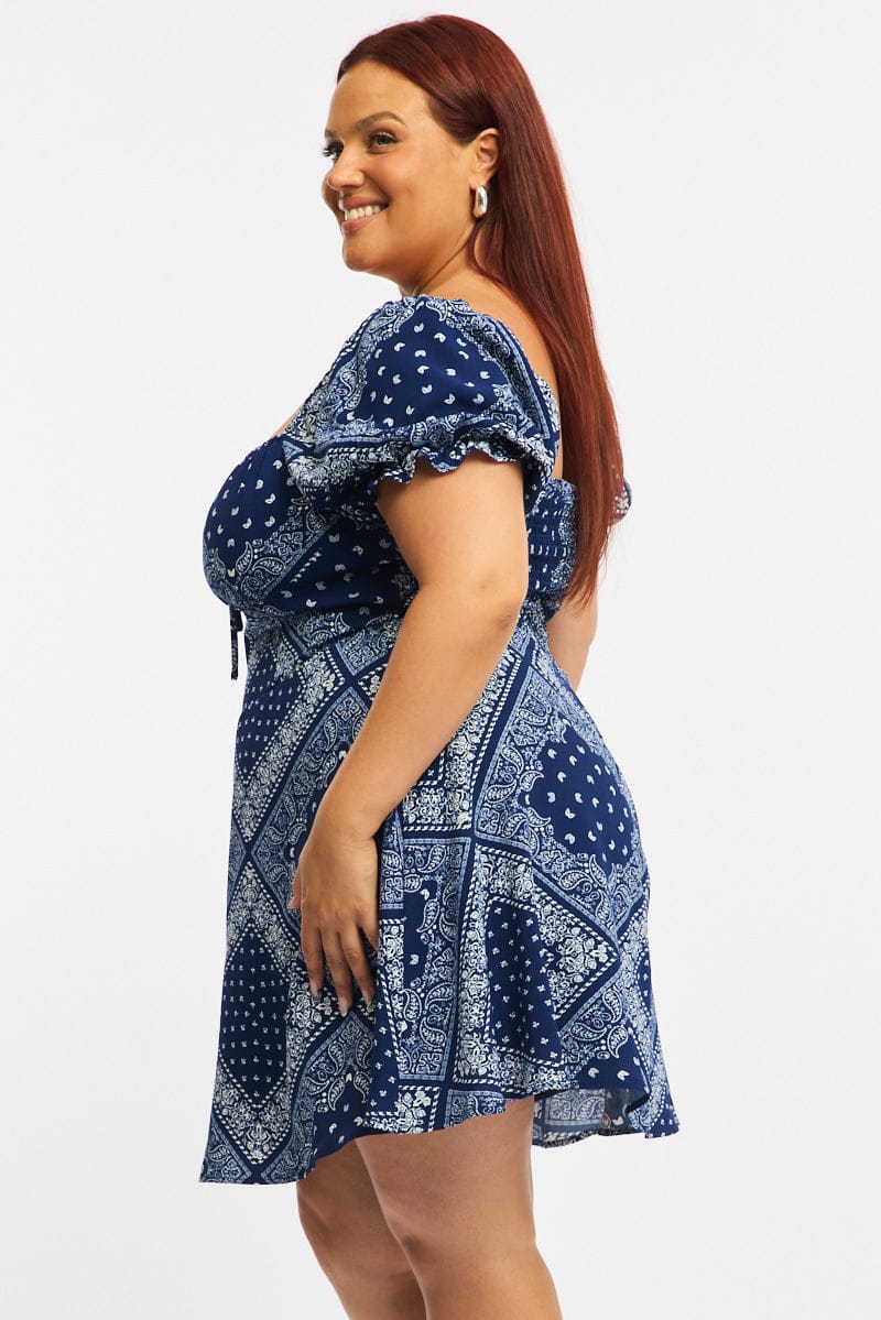 Blue Paisley Skater Dress Short Sleeve Ruched Bust for YouandAll Fashion