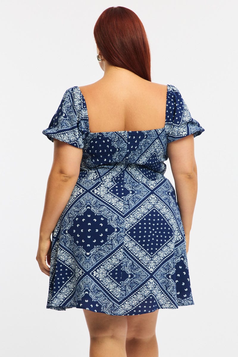 Blue Paisley Skater Dress Short Sleeve Ruched Bust for YouandAll Fashion