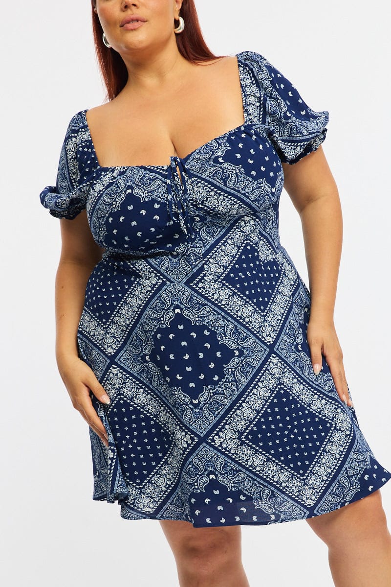 Blue Paisley Skater Dress Short Sleeve Ruched Bust for YouandAll Fashion
