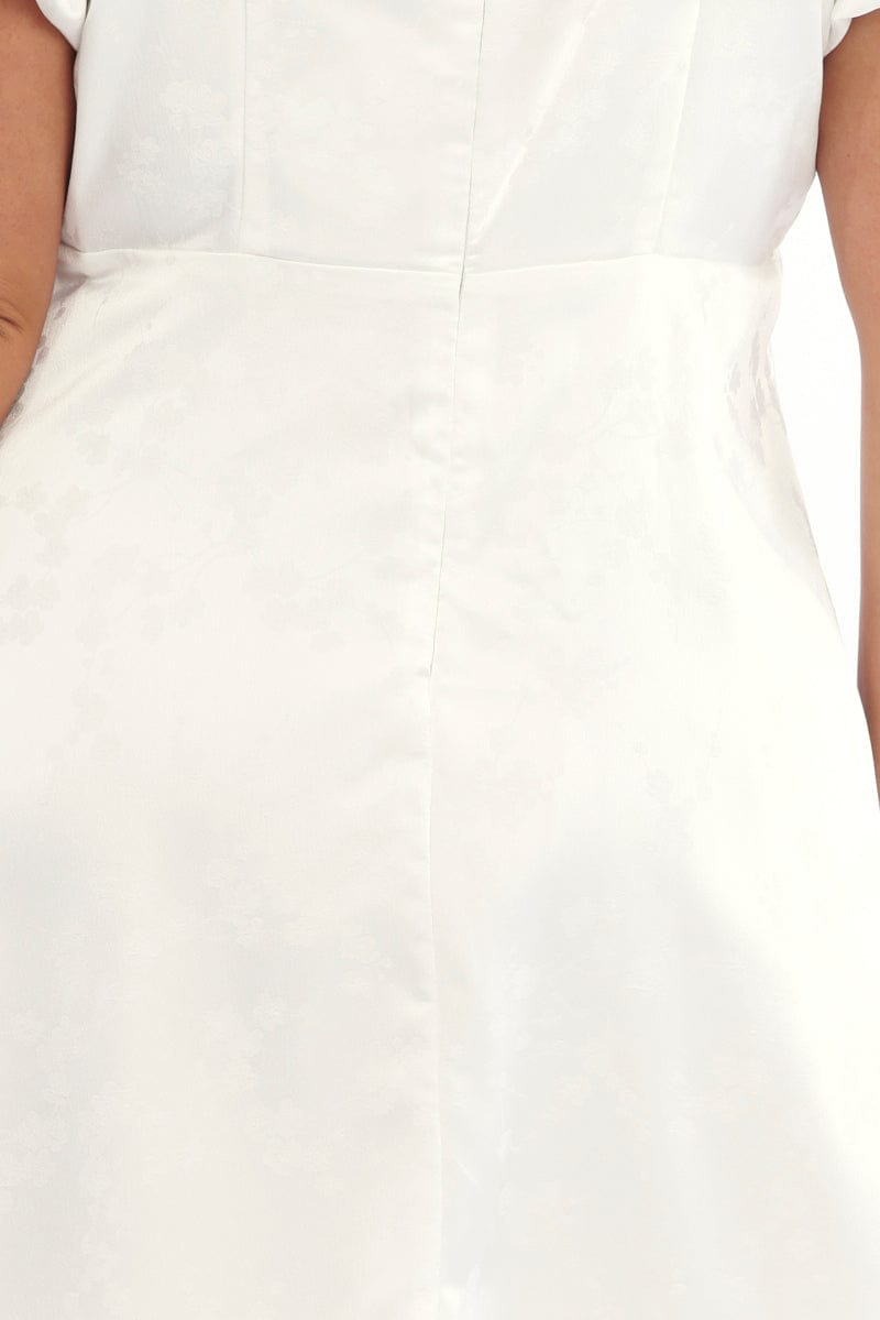 White Ruched Bust Mini Dress Puff Sleeve Ribbon Detail for YouandAll Fashion