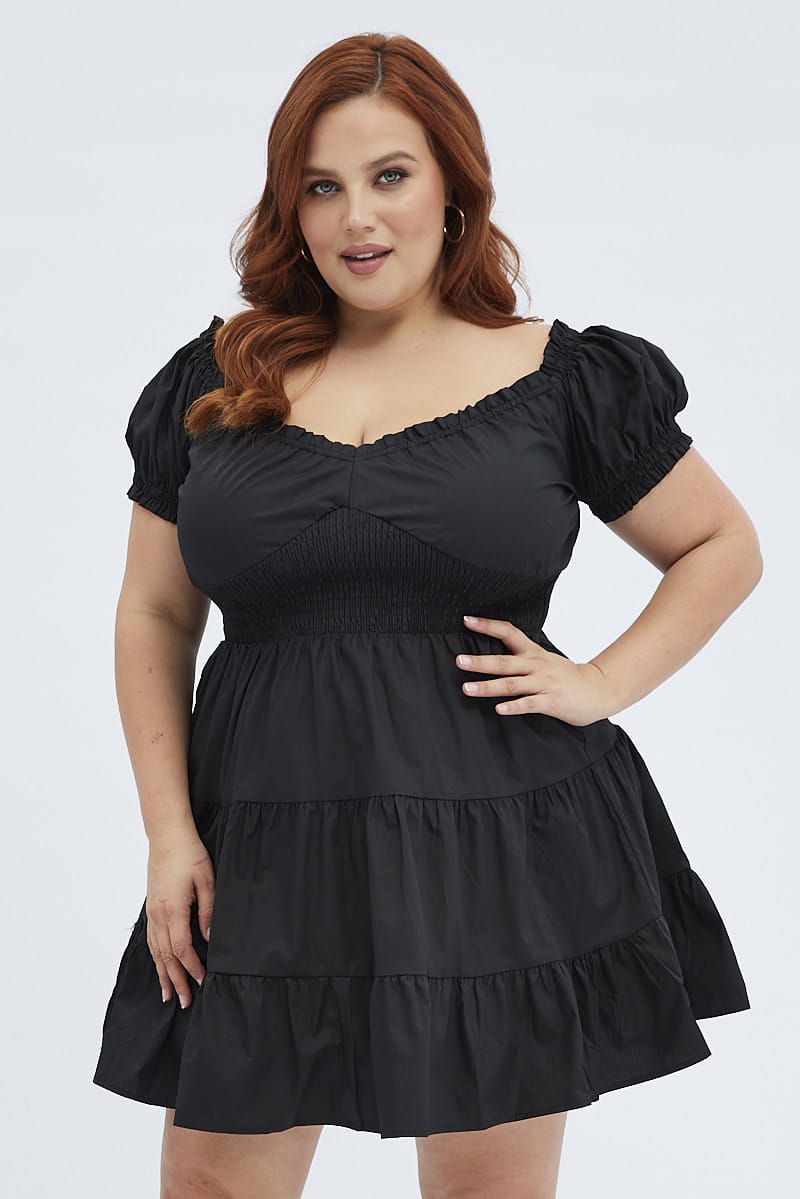 Black Fit And Flare Dress Short Sleeve Shirred for YouandAll Fashion