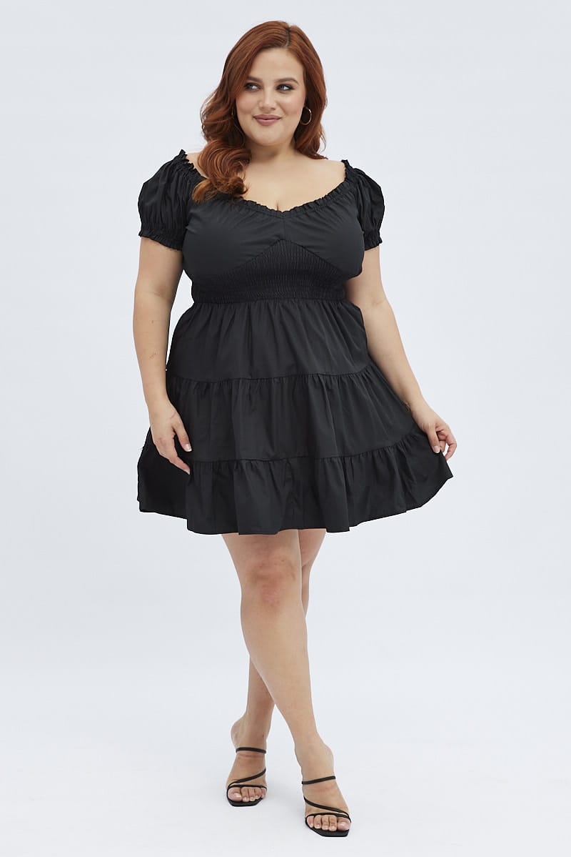 Black Fit And Flare Dress Short Sleeve Shirred for YouandAll Fashion