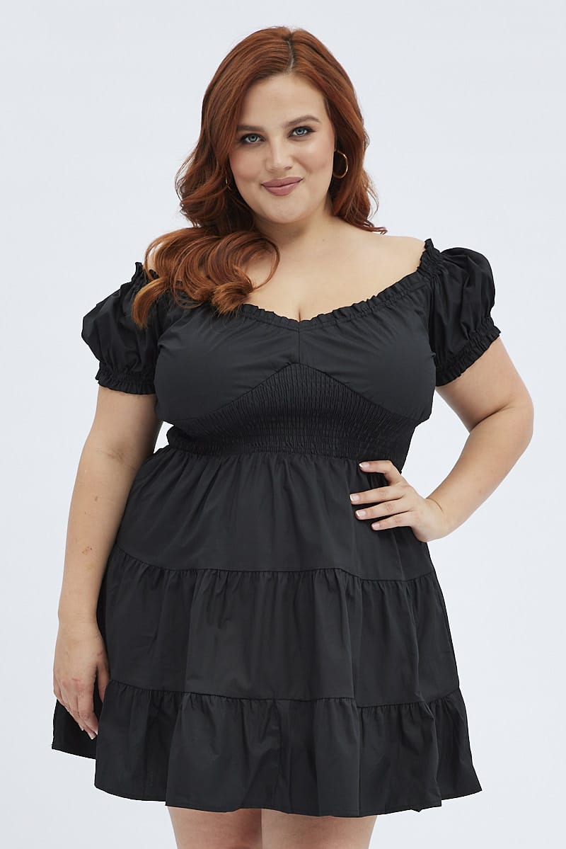 Black Fit And Flare Dress Short Sleeve Shirred for YouandAll Fashion