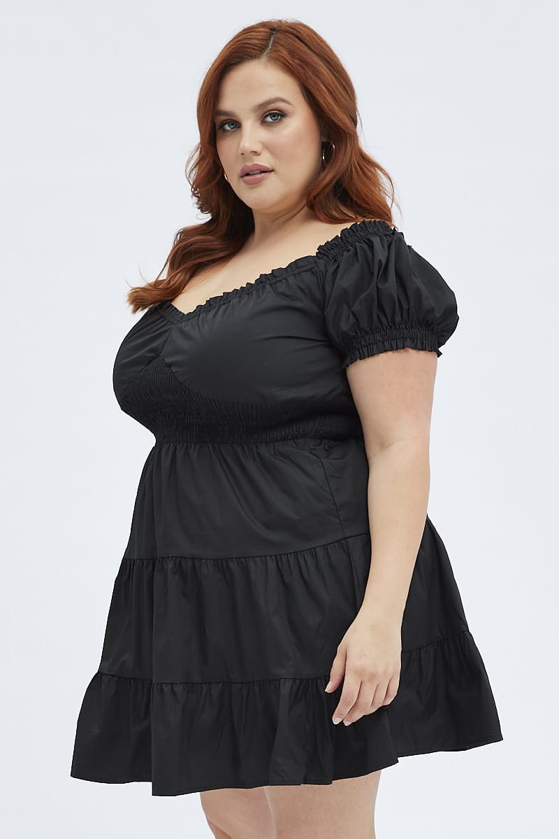 Black Fit And Flare Dress Short Sleeve Shirred for YouandAll Fashion