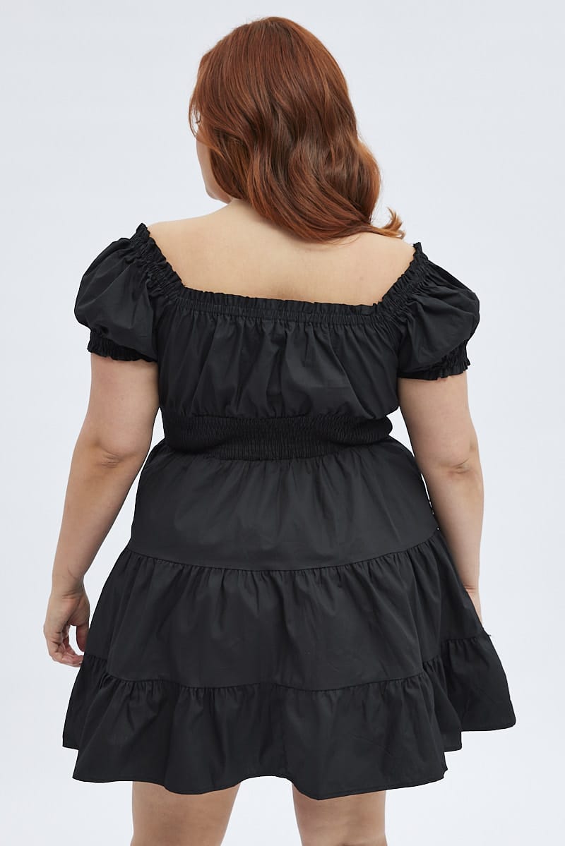 Black Fit And Flare Dress Short Sleeve Shirred for YouandAll Fashion