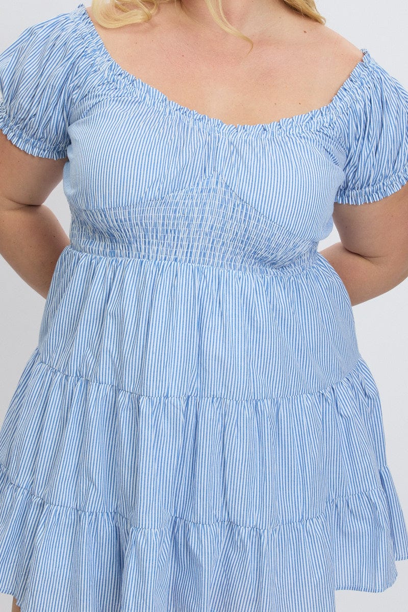 Blue Stripe V Neck Shirred Waist Minidress for YouandAll Fashion