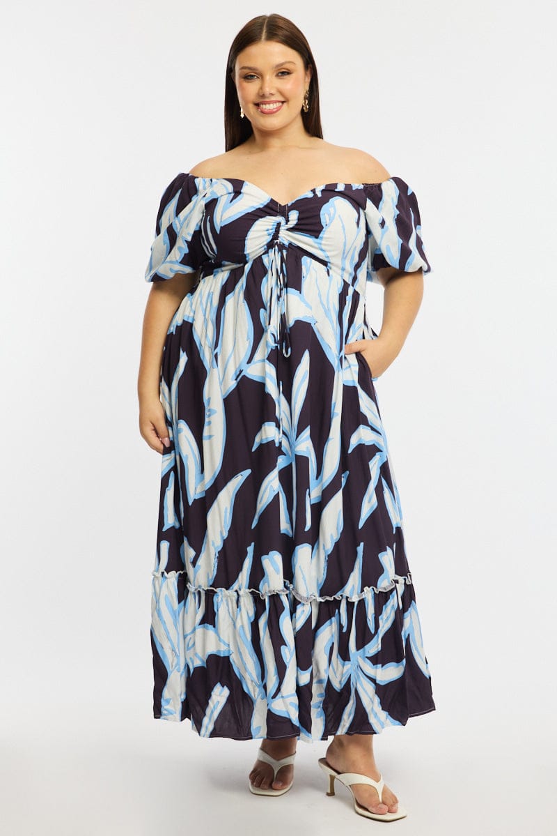 Purple Abstract Maxi Dress Short Sleeve Ruched Bust for YouandAll Fashion