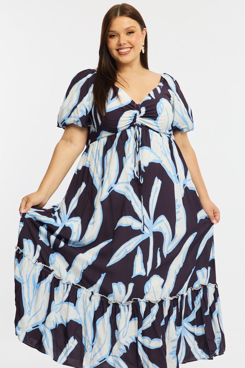 Purple Abstract Maxi Dress Short Sleeve Ruched Bust for YouandAll Fashion