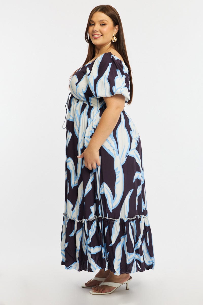 Purple Abstract Maxi Dress Short Sleeve Ruched Bust for YouandAll Fashion