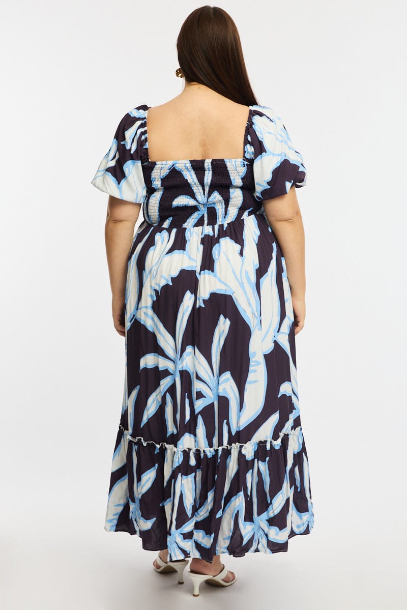 Purple Abstract Maxi Dress Short Sleeve Ruched Bust for YouandAll Fashion