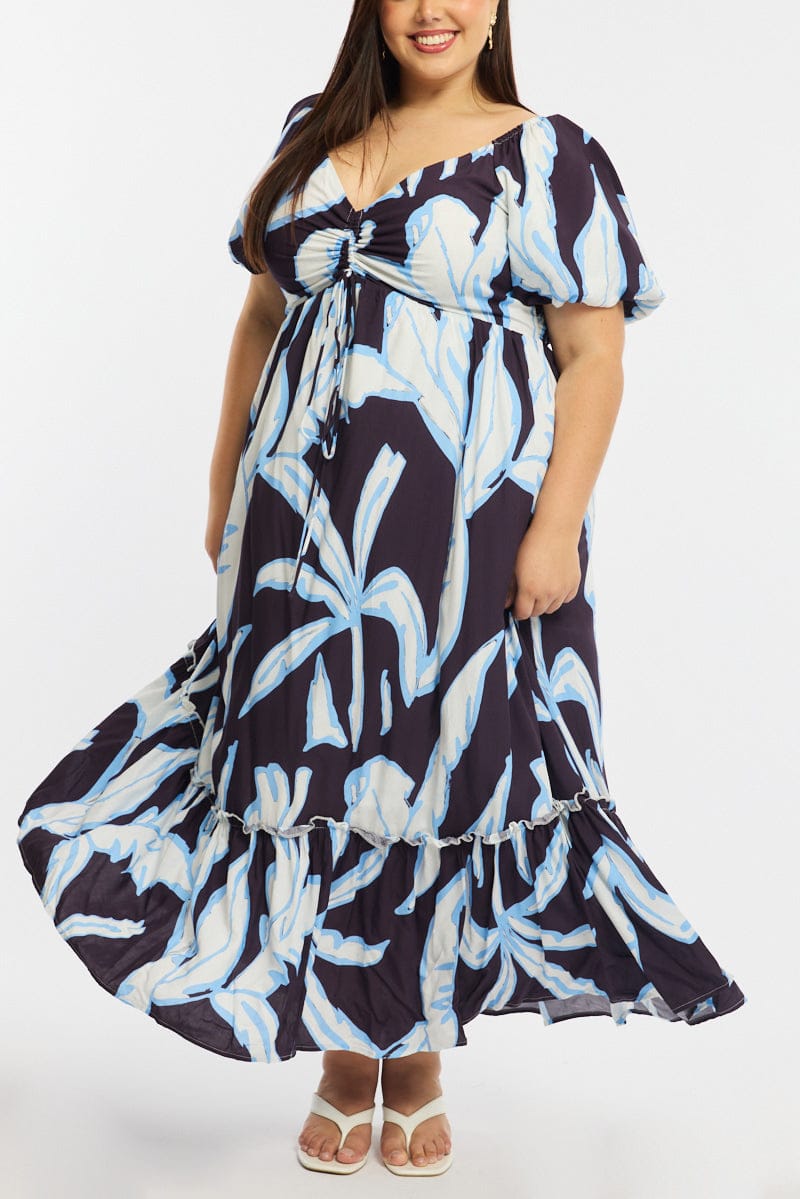 Purple Abstract Maxi Dress Short Sleeve Ruched Bust for YouandAll Fashion