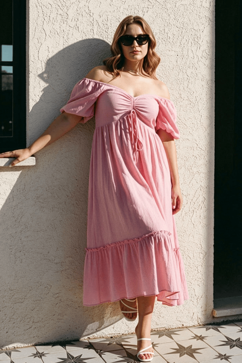 Pink Maxi Dress Short Sleeve Ruched Bust
