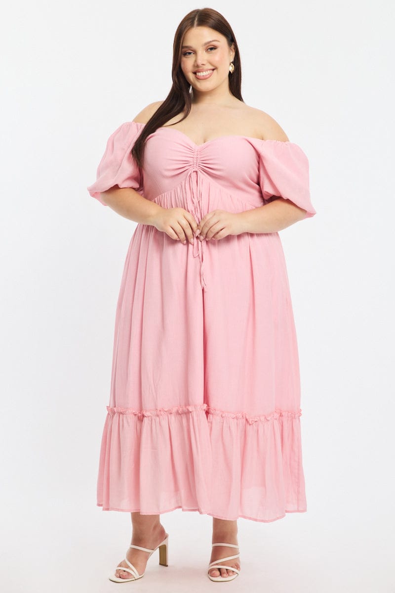 Pink Maxi Dress Short Sleeve Ruched Bust for YouandAll Fashion