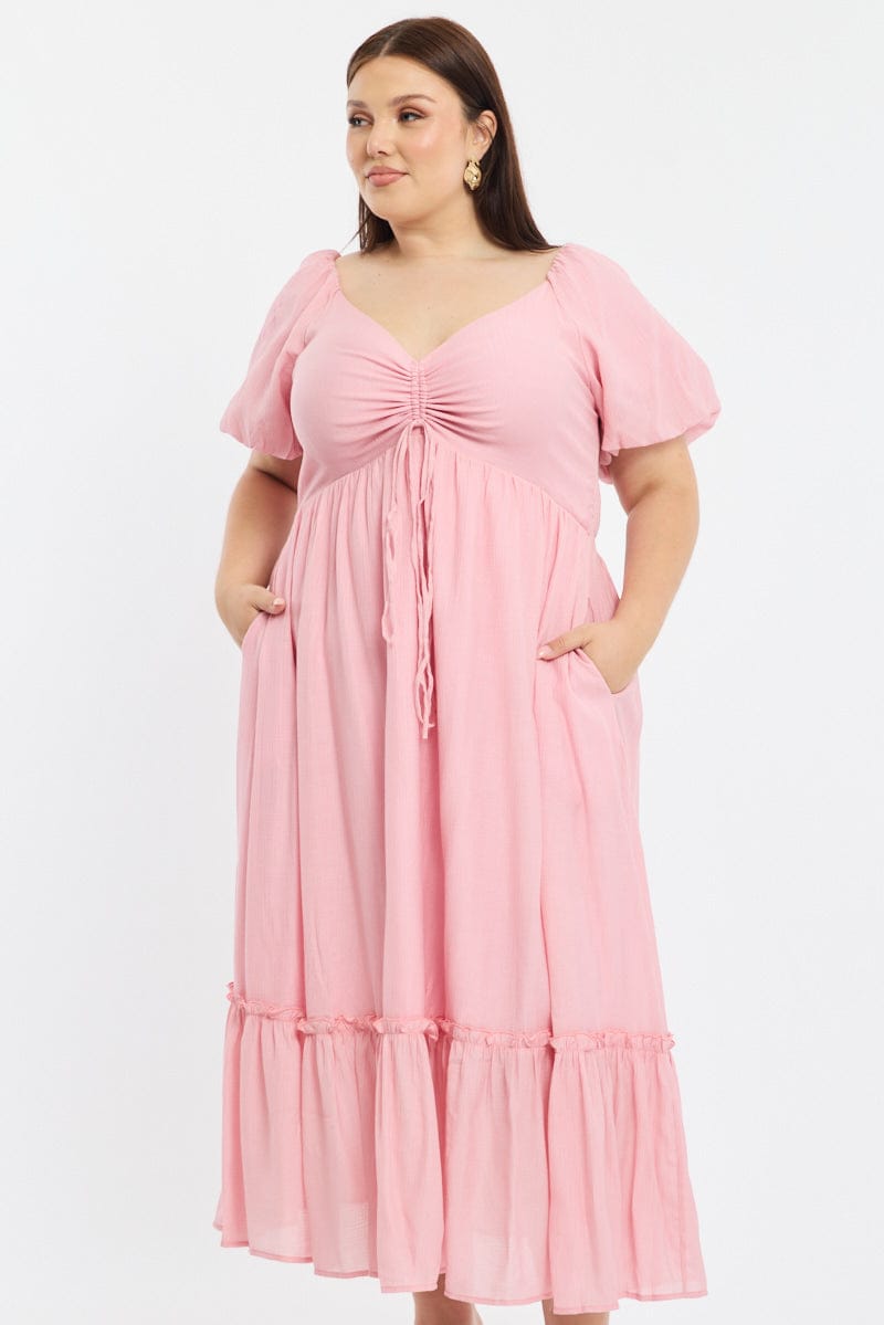 Pink Maxi Dress Short Sleeve Ruched Bust for YouandAll Fashion