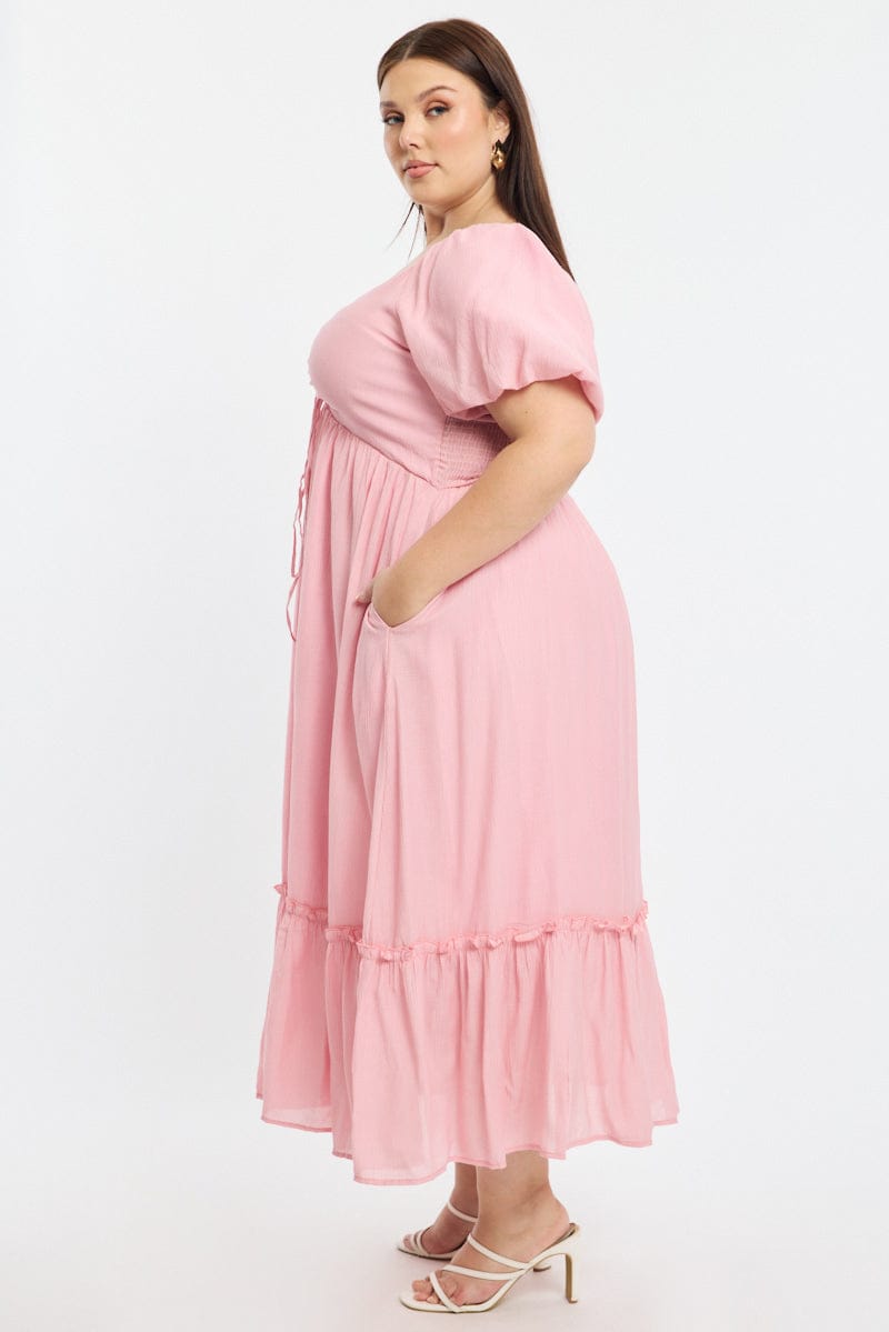Pink Maxi Dress Short Sleeve Ruched Bust for YouandAll Fashion