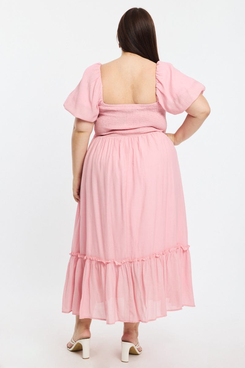 Pink Maxi Dress Short Sleeve Ruched Bust for YouandAll Fashion