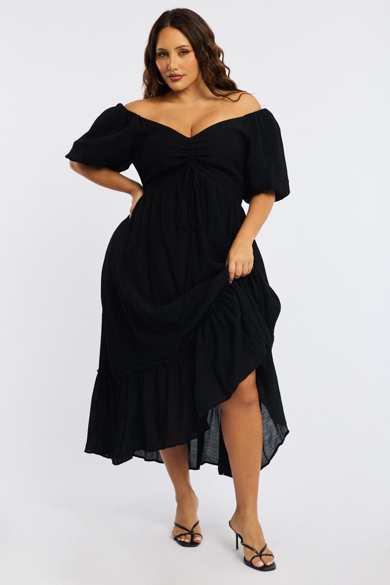 Black Maxi Dress Short Sleeve Ruched Bust for YouandAll Fashion