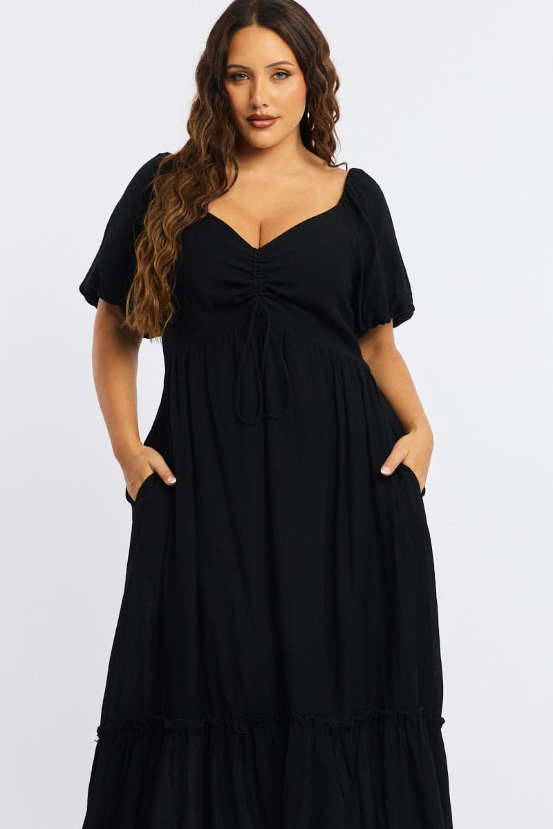 Black Maxi Dress Short Sleeve Ruched Bust for YouandAll Fashion