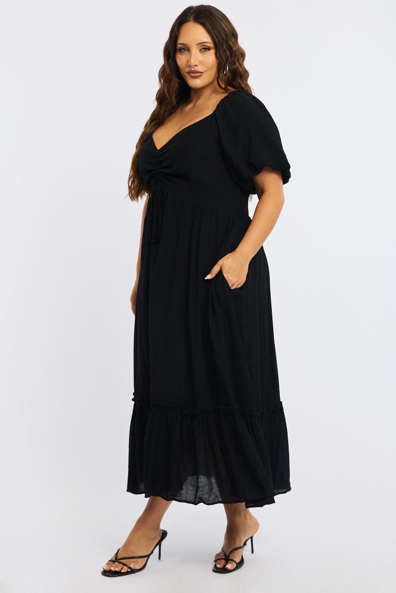 Black Maxi Dress Short Sleeve Ruched Bust for YouandAll Fashion