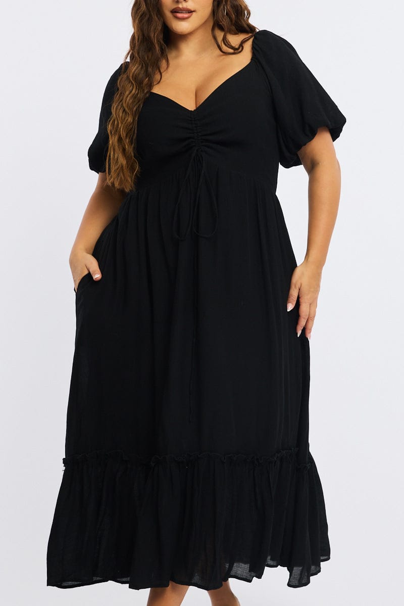 Black Maxi Dress Short Sleeve Ruched Bust for YouandAll Fashion