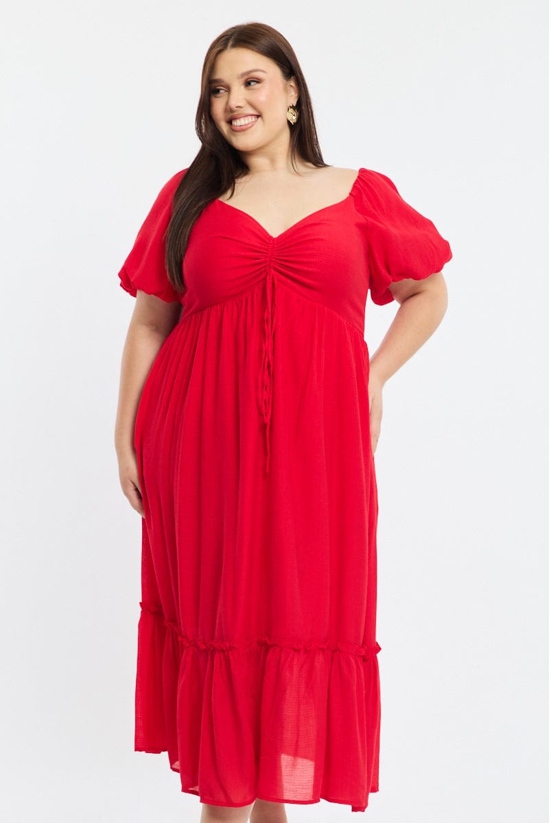Red Maxi Dress Short Sleeve Ruched Bust for YouandAll Fashion