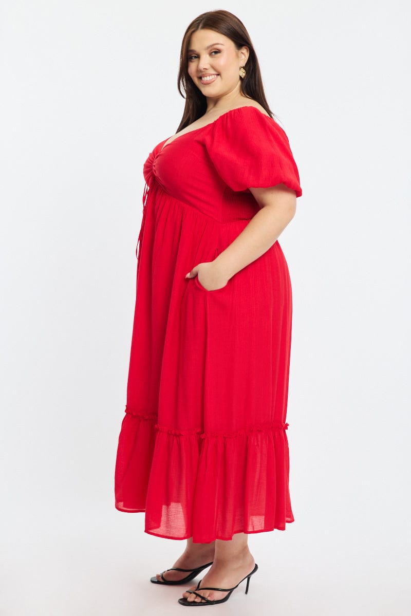 Red Maxi Dress Short Sleeve Ruched Bust for YouandAll Fashion