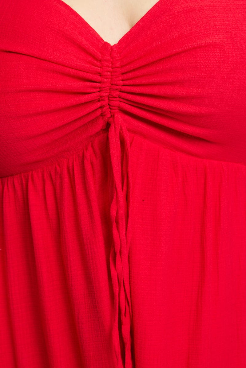 Red Maxi Dress Short Sleeve Ruched Bust for YouandAll Fashion