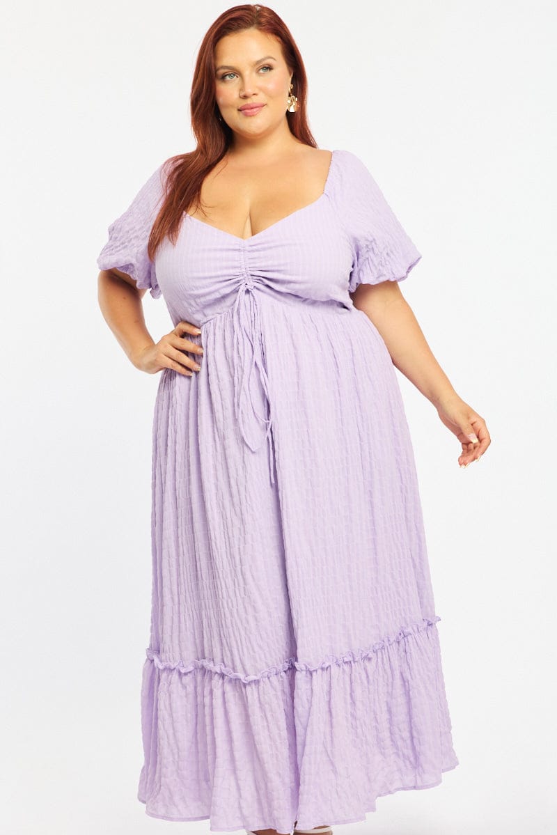 Purple Midi Dress Short Sleeve Ruched Bust Textured for YouandAll Fashion